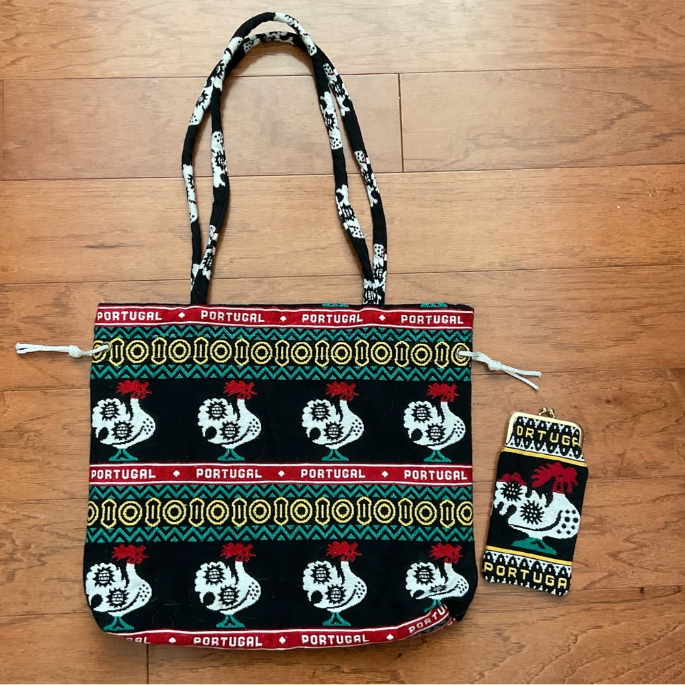 Portugal Barcelos Rooster Print Shoulder Bag And Coin Purse Red, Green, Yellow